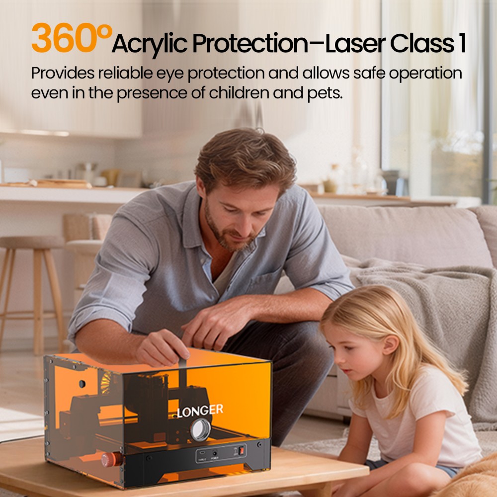 LONGER Ray5 MiniS 3.5W Enclosed Laser Engraver, Class 1 Safety Protection, 0.04mm Precision, 12000mm/min Speed, 130×140mm Work Area, WiFi/USB/App Control, 12mm Cutting Depth, Compatible with Wood/Acrylic/Leather/Metal/Ceramic