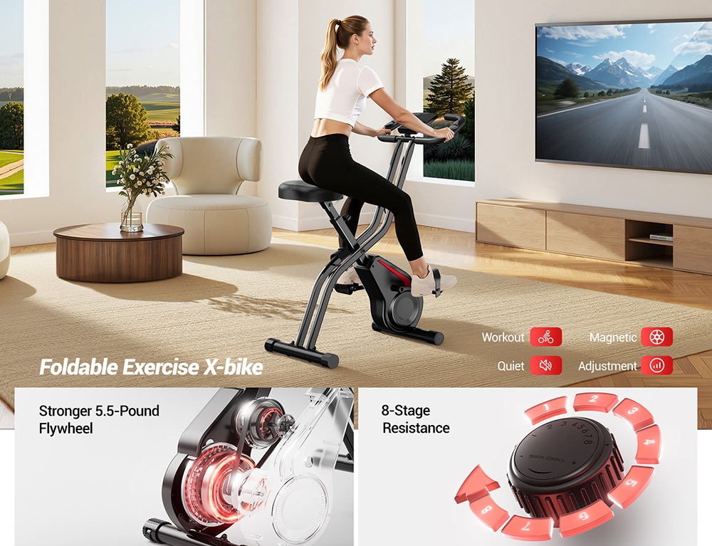 ROBORE CBX10 Home Exercise Bike, Quiet Magnetic Resistance, 8-Level Adjustable, Adjustable Seat & Handlebars, Max Load 136kg, LCD Display, Breathable PU Seat, Cardio Fitness Trainer
