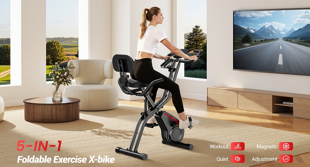 ROBORE CBX20 5-in-1 Foldable Exercise Bike, 8-Level Magnetic Resistance, Quiet Indoor Fitness Bike with LCD Monitor, Pulse Sensor & Resistance Bands, 136kg Max Load, Cardio Trainer