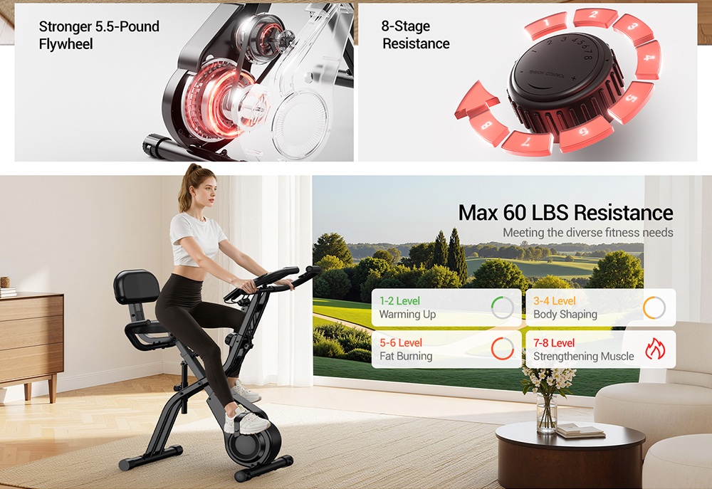 ROBORE CBX20 5-in-1 Foldable Exercise Bike, 8-Level Magnetic Resistance, Quiet Indoor Fitness Bike with LCD Monitor, Pulse Sensor & Resistance Bands, 136kg Max Load, Cardio Trainer