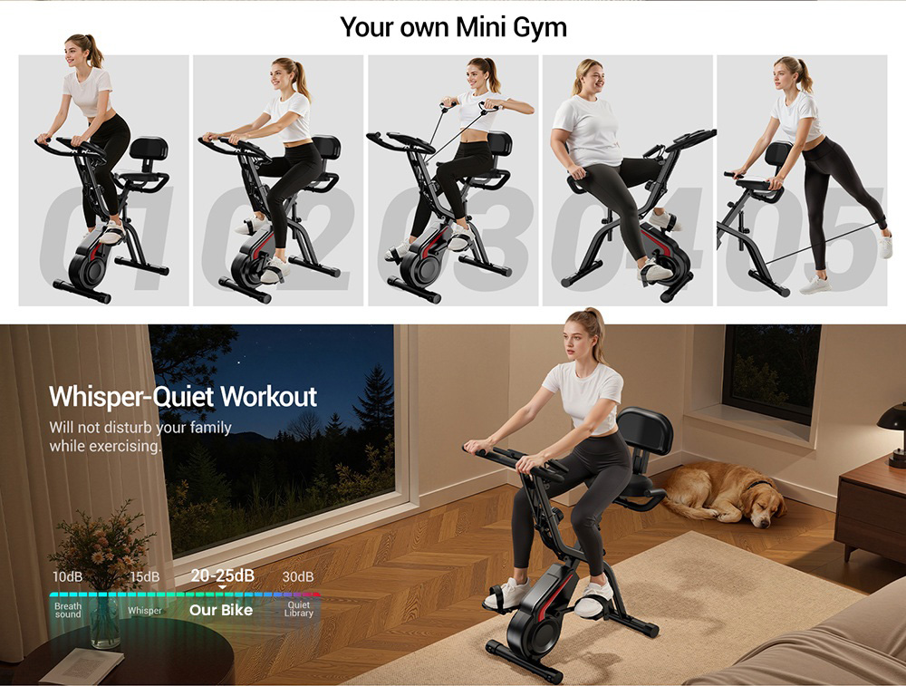 ROBORE CBX20 5-in-1 Foldable Exercise Bike, 8-Level Magnetic Resistance, Quiet Indoor Fitness Bike with LCD Monitor, Pulse Sensor & Resistance Bands, 136kg Max Load, Cardio Trainer