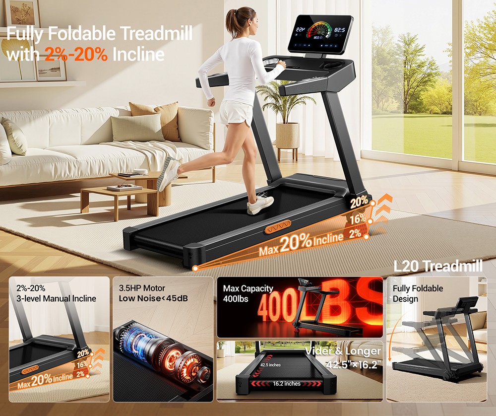 ROBORE L20 Foldable Treadmill, 3.5HP Brushless Motor, 12KM/H Speed, 20% Incline, 108×41cm Running Belt, <45dB Quiet, 6 Shock Absorbers, 180kg/400lbs Max Load, LCD Display with Handrail