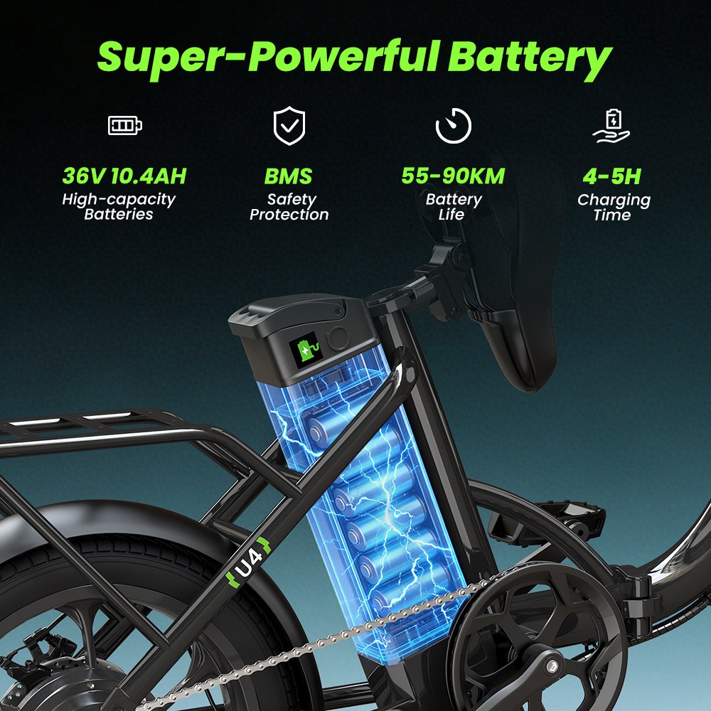 U4 Folding Electric Bike, 500W Motor, 36V 10.4Ah Battery, Up to 90km Range, 30km/h Max Speed, 16" Tires, Front Suspension, Dual Disc Brakes, LCD Display, 120kg Load