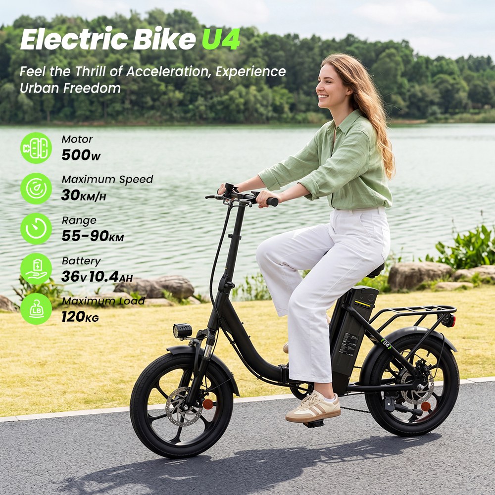 U4 Folding Electric Bike, 500W Motor, 36V 10.4Ah Battery, Up to 90km Range, 30km/h Max Speed, 16" Tires, Front Suspension, Dual Disc Brakes, LCD Display, 120kg Load