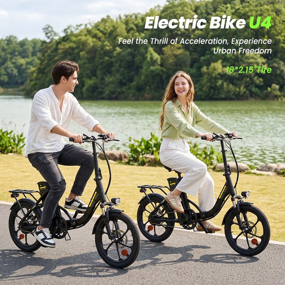 U4 Folding Electric Bike, 500W Motor, 36V 10.4Ah Battery, Up to 90km Range, 30km/h Max Speed, 16" Tires, Front Suspension, Dual Disc Brakes, LCD Display, 120kg Load