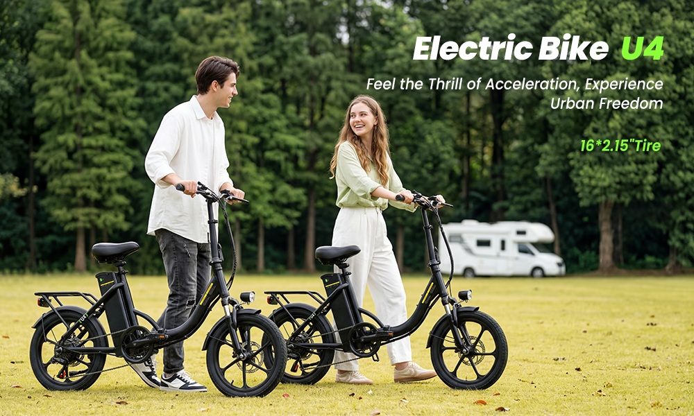U4 Folding Electric Bike, 500W Motor, 36V 10.4Ah Battery, Up to 90km Range, 30km/h Max Speed, 16" Tires, Front Suspension, Dual Disc Brakes, LCD Display, 120kg Load