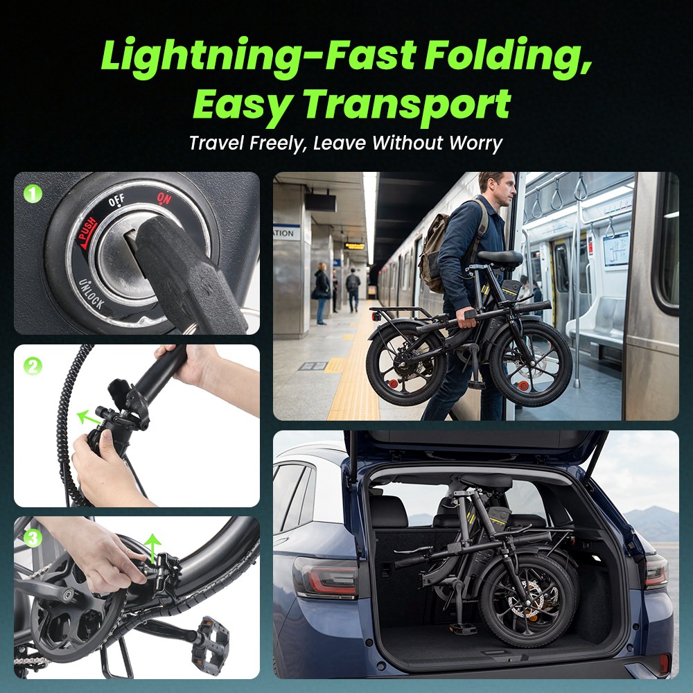 U4 Folding Electric Bike, 500W Motor, 36V 10.4Ah Battery, Up to 90km Range, 30km/h Max Speed, 16" Tires, Front Suspension, Dual Disc Brakes, LCD Display, 120kg Load