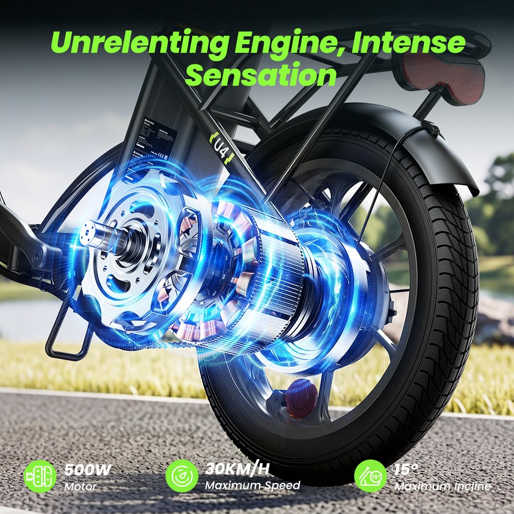 U4 Folding Electric Bike, 500W Motor, 36V 10.4Ah Battery, Up to 90km Range, 30km/h Max Speed, 16" Tires, Front Suspension, Dual Disc Brakes, LCD Display, 120kg Load