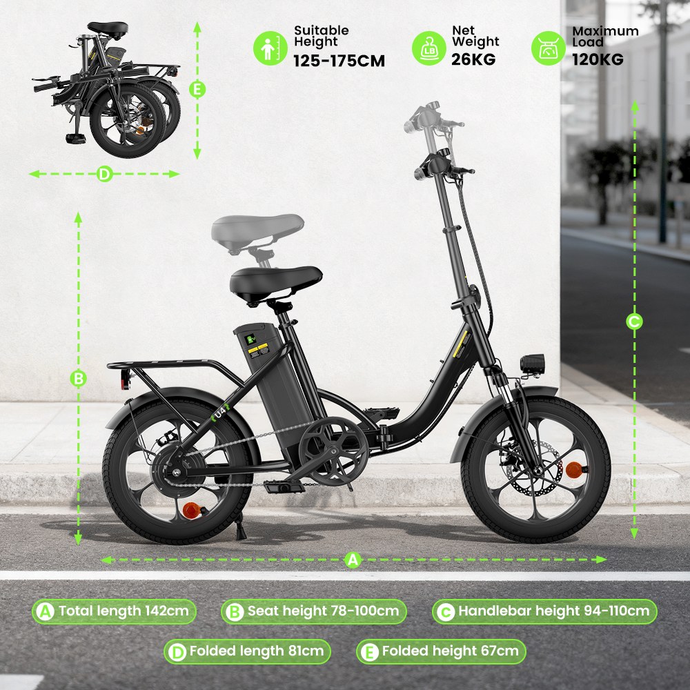 U4 Folding Electric Bike, 500W Motor, 36V 10.4Ah Battery, Up to 90km Range, 30km/h Max Speed, 16" Tires, Front Suspension, Dual Disc Brakes, LCD Display, 120kg Load