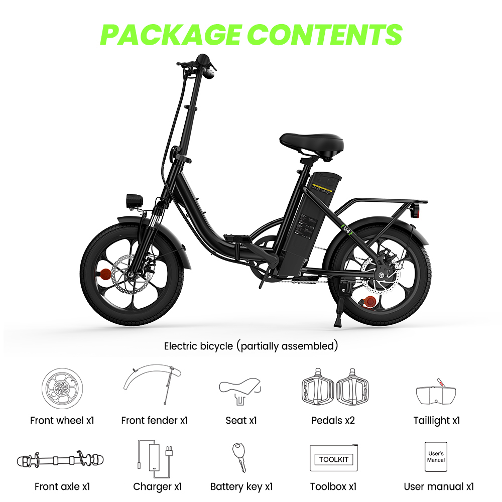 U4 Folding Electric Bike, 500W Motor, 36V 10.4Ah Battery, Up to 90km Range, 30km/h Max Speed, 16" Tires, Front Suspension, Dual Disc Brakes, LCD Display, 120kg Load