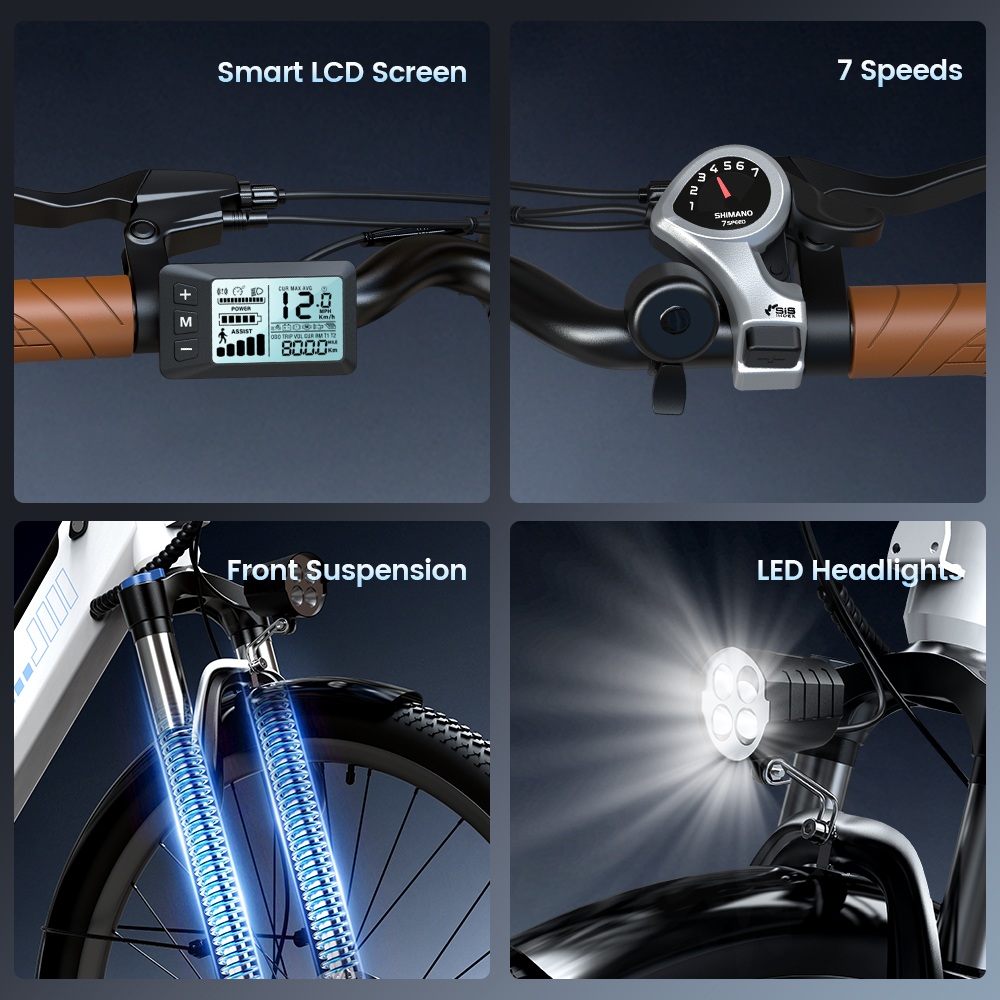 UcityS Electric Bike, 250W Motor, 36V 13Ah Battery, Up to 90km Range, 25km/h Max Speed, 26' Fat Tires, Front Suspension, Dual Disc Brakes, Front & Rear Lights, App Control - White