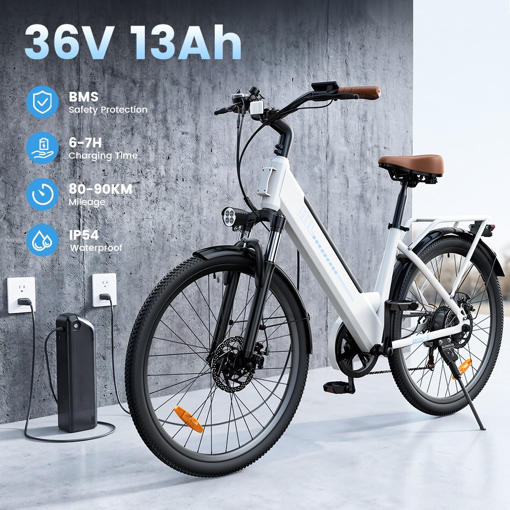 UcityS Electric Bike, 250W Motor, 36V 13Ah Battery, Up to 90km Range, 25km/h Max Speed, 26' Fat Tires, Front Suspension, Dual Disc Brakes, Front & Rear Lights, App Control - White
