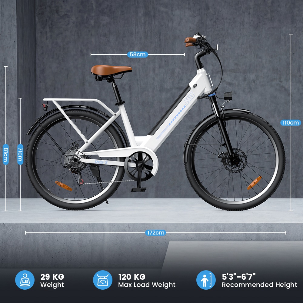 UcityS Electric Bike, 250W Motor, 36V 13Ah Battery, Up to 90km Range, 25km/h Max Speed, 26' Fat Tires, Front Suspension, Dual Disc Brakes, Front & Rear Lights, App Control - White