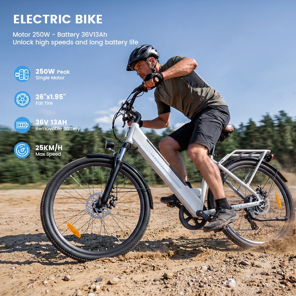UcityS Electric Bike, 250W Motor, 36V 13Ah Battery, Up to 90km Range, 25km/h Max Speed, 26' Fat Tires, Front Suspension, Dual Disc Brakes, Front & Rear Lights, App Control - White