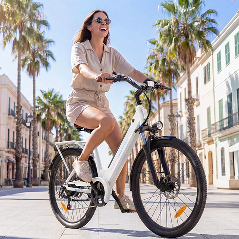 UcityS Electric Bike, 250W Motor, 36V 13Ah Battery, Up to 90km Range, 25km/h Max Speed, 26' Fat Tires, Front Suspension, Dual Disc Brakes, Front & Rear Lights, App Control - White