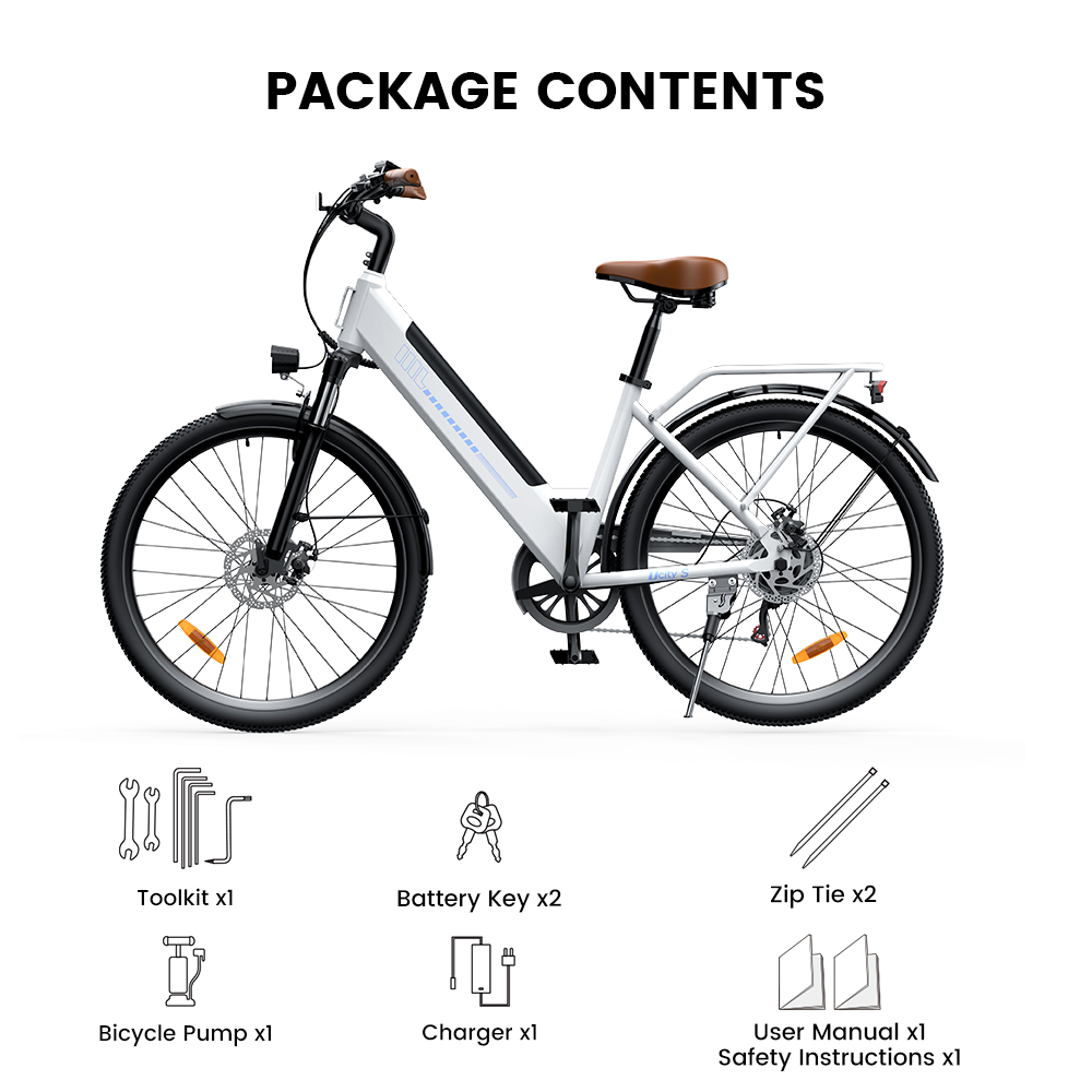 UcityS Electric Bike, 250W Motor, 36V 13Ah Battery, Up to 90km Range, 25km/h Max Speed, 26' Fat Tires, Front Suspension, Dual Disc Brakes, Front & Rear Lights, App Control - White