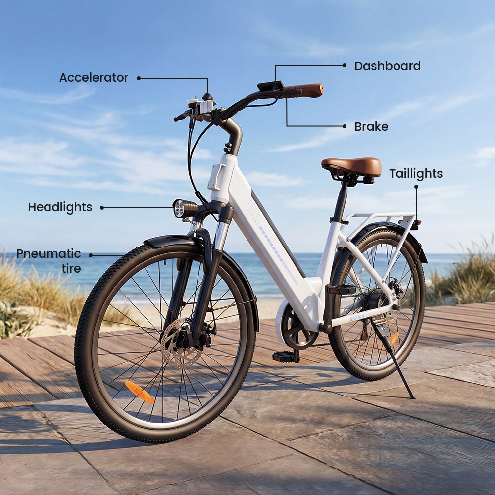 UcityS Electric Bike, 250W Motor, 36V 13Ah Battery, Up to 90km Range, 25km/h Max Speed, 26' Fat Tires, Front Suspension, Dual Disc Brakes, Front & Rear Lights, App Control - White