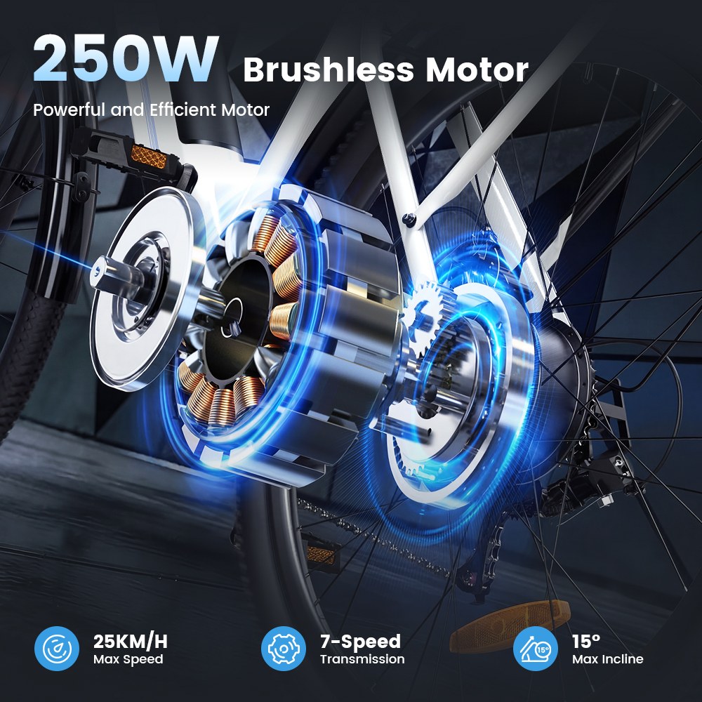 UcityS Electric Bike, 250W Motor, 36V 13Ah Battery, Up to 90km Range, 25km/h Max Speed, 26' Fat Tires, Front Suspension, Dual Disc Brakes, Front & Rear Lights, App Control - White