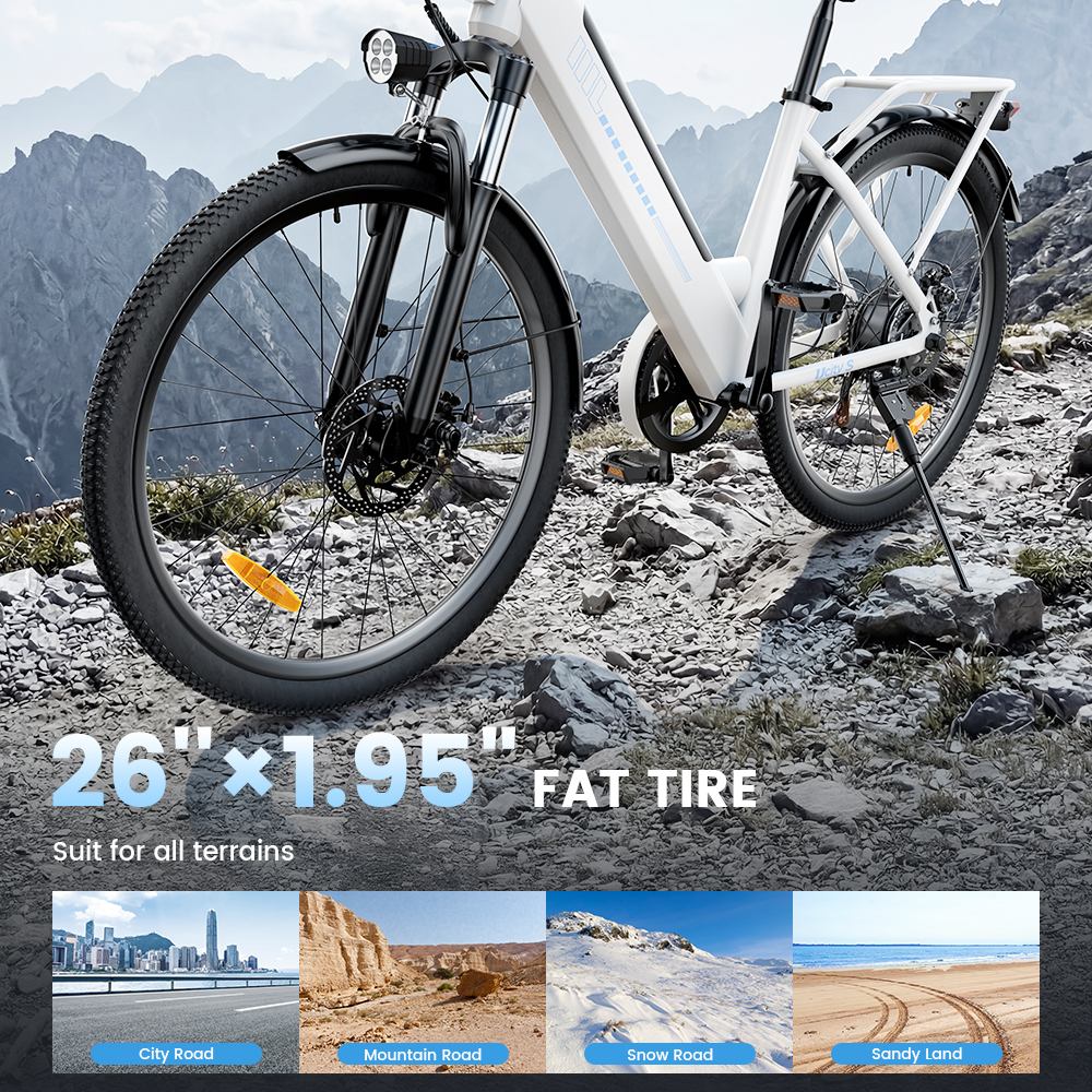 UcityS Electric Bike, 250W Motor, 36V 13Ah Battery, Up to 90km Range, 25km/h Max Speed, 26' Fat Tires, Front Suspension, Dual Disc Brakes, Front & Rear Lights, App Control - White