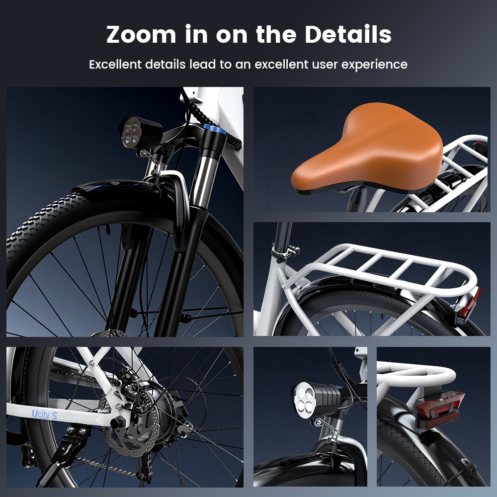 UcityS Electric Bike, 250W Motor, 36V 13Ah Battery, Up to 90km Range, 25km/h Max Speed, 26' Fat Tires, Front Suspension, Dual Disc Brakes, Front & Rear Lights, App Control - White