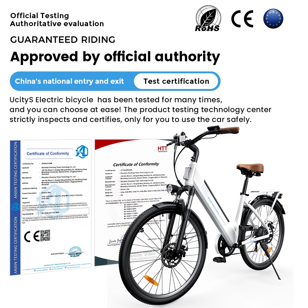 UcityS Electric Bike, 250W Motor, 36V 13Ah Battery, Up to 90km Range, 25km/h Max Speed, 26' Fat Tires, Front Suspension, Dual Disc Brakes, Front & Rear Lights, App Control - White