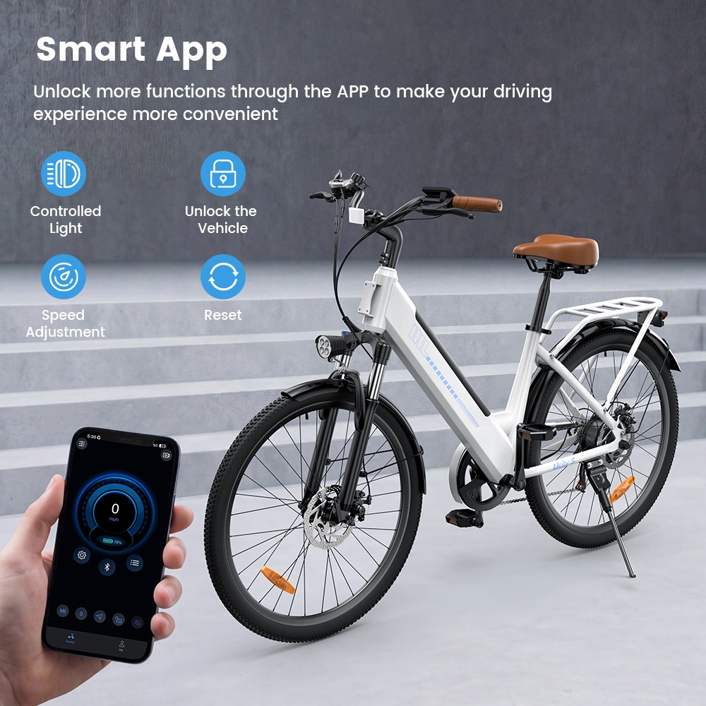 UcityS Electric Bike, 250W Motor, 36V 13Ah Battery, Up to 90km Range, 25km/h Max Speed, 26' Fat Tires, Front Suspension, Dual Disc Brakes, Front & Rear Lights, App Control - White