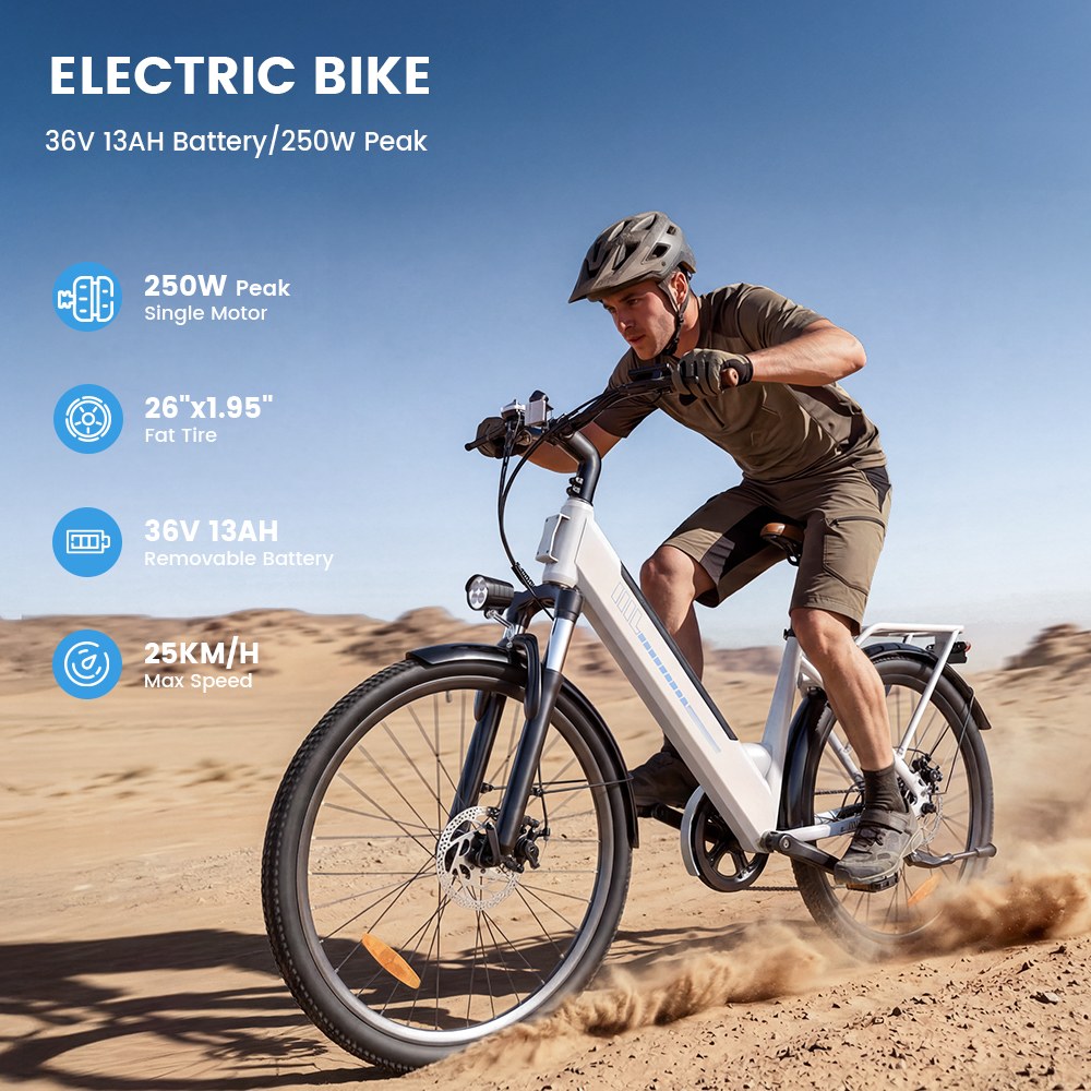 UcityS Electric Bike, 250W Motor, 36V 13Ah Battery, Up to 90km Range, 25km/h Max Speed, 26' Fat Tires, Front Suspension, Dual Disc Brakes, Front & Rear Lights, App Control - White