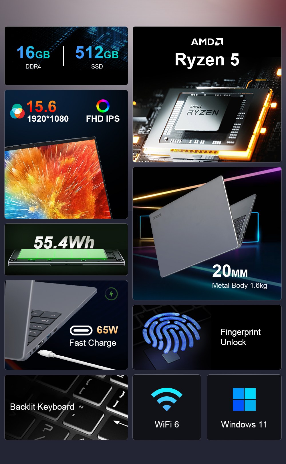 Ninkear A15 Pro Ordinateur portable, écran 16 pouces 2560 x 1600, taux de rafraîchissement de 120 Hz, AMD Ryzen 5 7430U, 16 Go de RAM, 1 To de SSD, 2 ports Type-C complets, 3 ports USB 3.0, 1 port HDMI, 1 carte Micro SD, 1 port audio