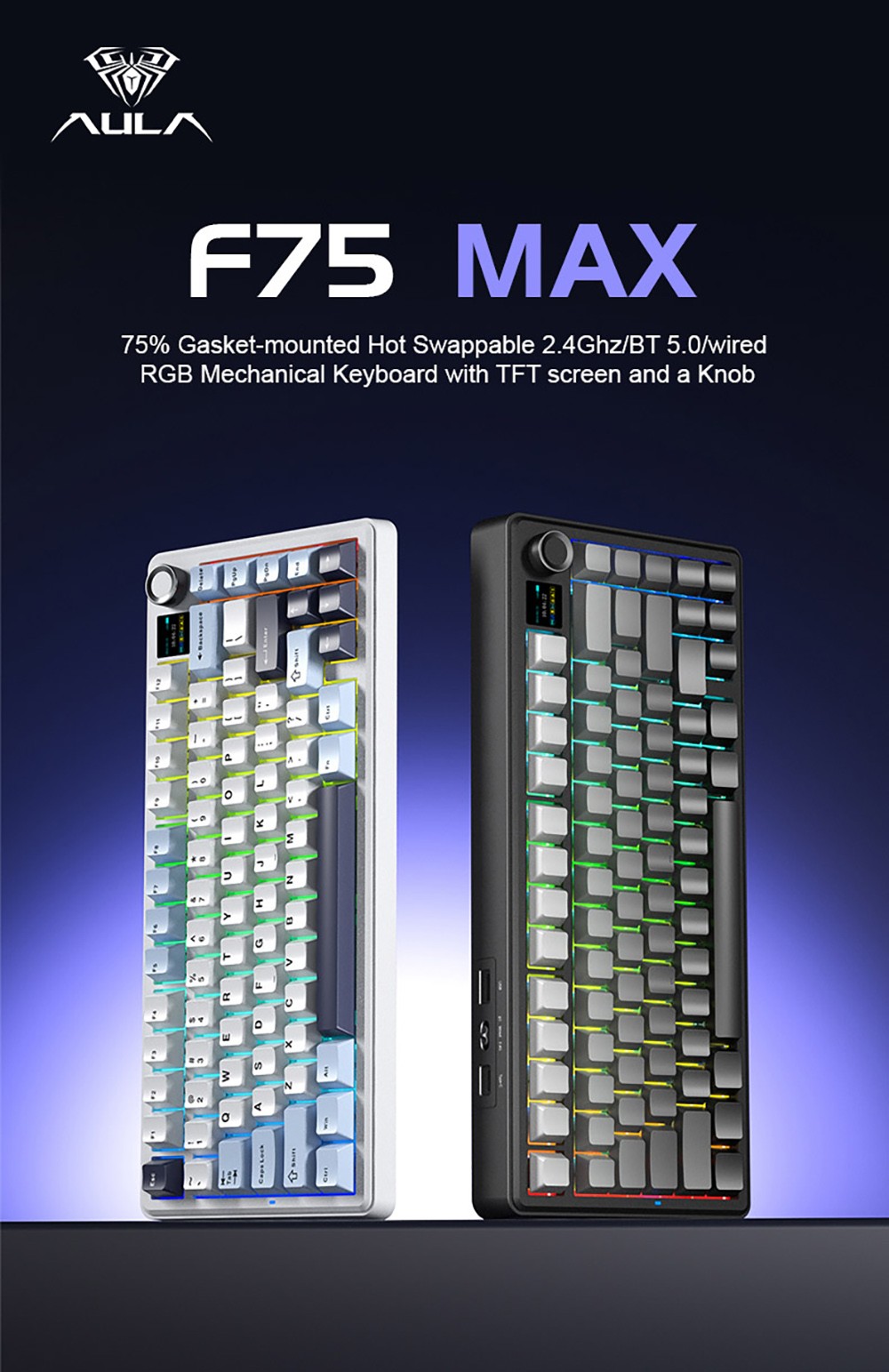 AULA F75 Max 75% Tri-Mode Mechanical Keyboard, TFT Smart Screen, Hot-Swappable, RGB Backlit, Knob Control, 4000mAh Battery, NKRO Gaming Keyboard