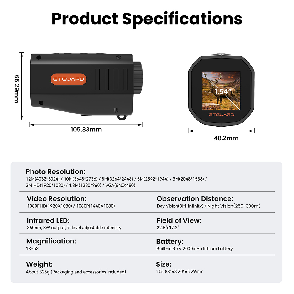 GTGUARD N3 Night Vision Monocular, 300m IR 850nm, 12MP Photo, 1080P Video, 1X–5X Digital Zoom, F1.4 Lens, 2000mAh Battery, USB-C, TF Card up to 128GB, 7-Level IR Adjustment