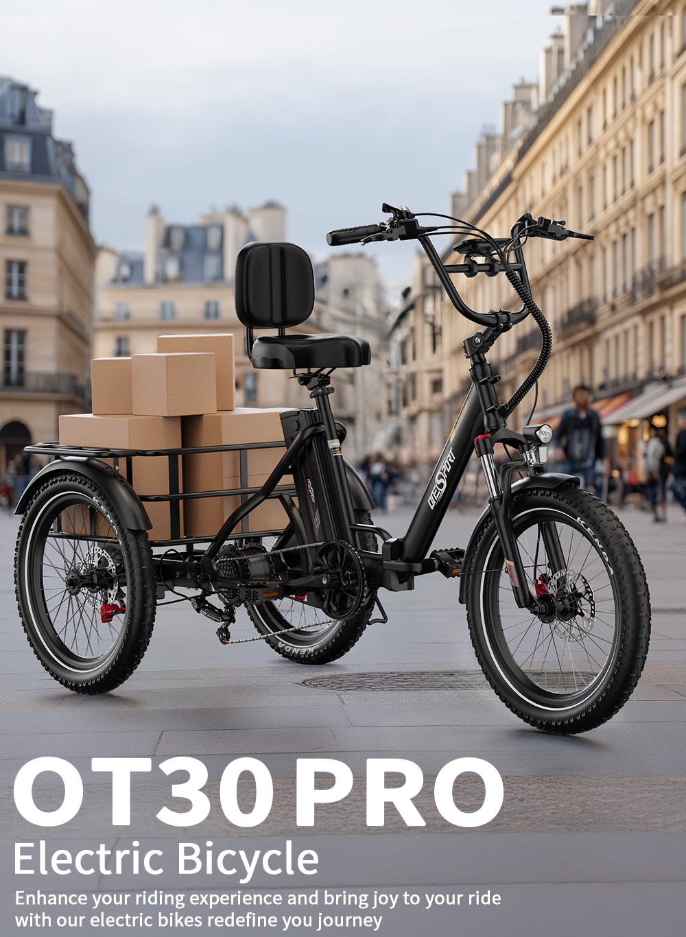 ONESPORT OT30 Pro Elektromos Teherszállító Tricikli, 500 W-os Motor, 48 V 18 Ah Akkumulátor, 20*3 hüvelykes Gumiabroncsok, 25 km/h Max. Sebesség, 90 km Hatótávolság, Hidraulikus Tárcsafékek, Lengéscsillapító Első Villa, Shimano 7 Sebességváltó, 180 kg Max. Terhelhetőség - Fekete