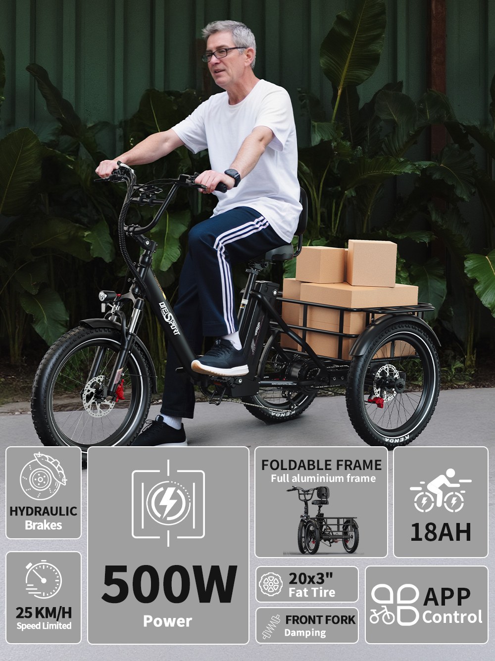 ONESPORT OT30 Pro Elektromos Teherszállító Tricikli, 500 W-os Motor, 48 V 18 Ah Akkumulátor, 20*3 hüvelykes Gumiabroncsok, 25 km/h Max. Sebesség, 90 km Hatótávolság, Hidraulikus Tárcsafékek, Lengéscsillapító Első Villa, Shimano 7 Sebességváltó, 180 kg Max. Terhelhetőség - Fekete