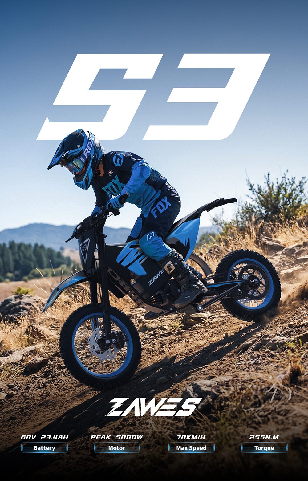 ZAWES S3 Electric Motorcycle, 2000W Mid-Mounted Motor, 5000W Peak Power, 60V 23.4Ah Battery, Up to 70km/h, 70km Range, Full Suspension, Hydraulic Disc Brakes, 160kg Max Load, IPX4 Waterproof
