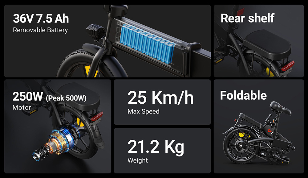 DYU A1F Electric City Bike 16 Inch 250W Motor 25Km/h Speed 36V 7.5Ah Battery Dual Mechanical disc brake 120KG Max Load Folding E-Bike - Black