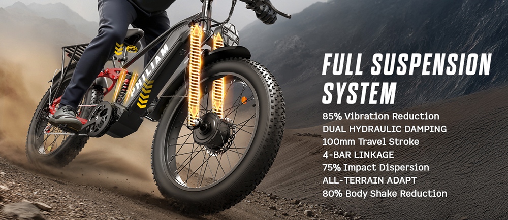PHILIAM F3 PRO kétmotoros elektromos kerékpár, 1000W*2 (3000W csúcsteljesítmény), 52V 23Ah akkumulátor, 37 mph, 100 mérföld hatótáv, 26