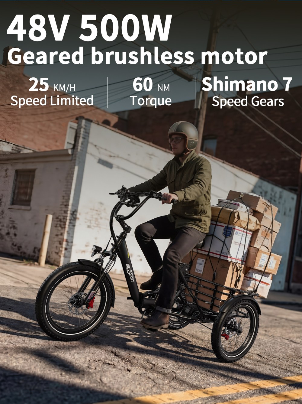 ONESPORT OT30 Pro Elektromos Teherszállító Tricikli, 500 W-os Motor, 48 V 18 Ah Akkumulátor, 20*3 hüvelykes Gumiabroncsok, 25 km/h Max. Sebesség, 90 km Hatótávolság, Hidraulikus Tárcsafékek, Lengéscsillapító Első Villa, Shimano 7 Sebességváltó, 180 kg Max. Terhelhetőség - Fekete