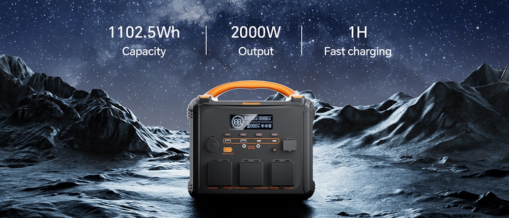 NEWSMY S1210 2000W Portable Power Station, 3000W Peak, 1102.5Wh LiMnFePO₄ Battery, 1300W AC Fast Charging, MPPT Solar Generator, 3×AC, USB-C & DC Outputs for Home Backup, Camping & Off-Grid