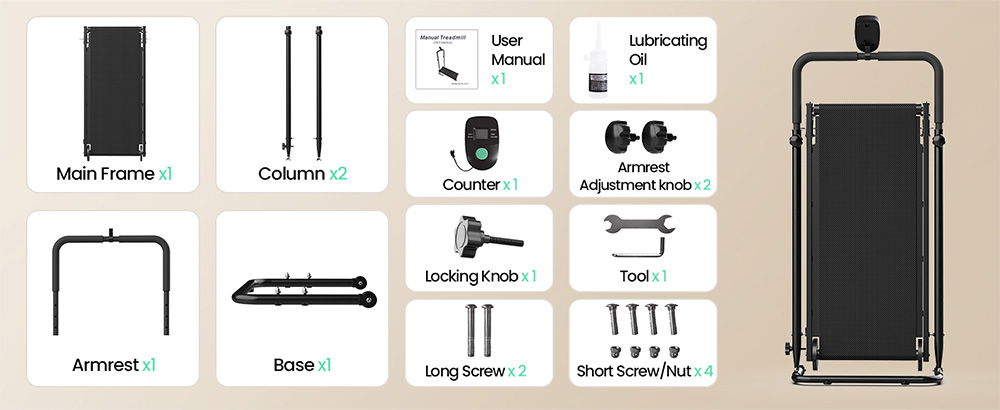 Akluer RJ401 Non-Motorized Treadmill with 5% Incline, 3 Speed Levels, 92x39cm Running Area, 150kg Max Load, 6-Layer Anti-Slip Belt, LED Display & Shock Absorption