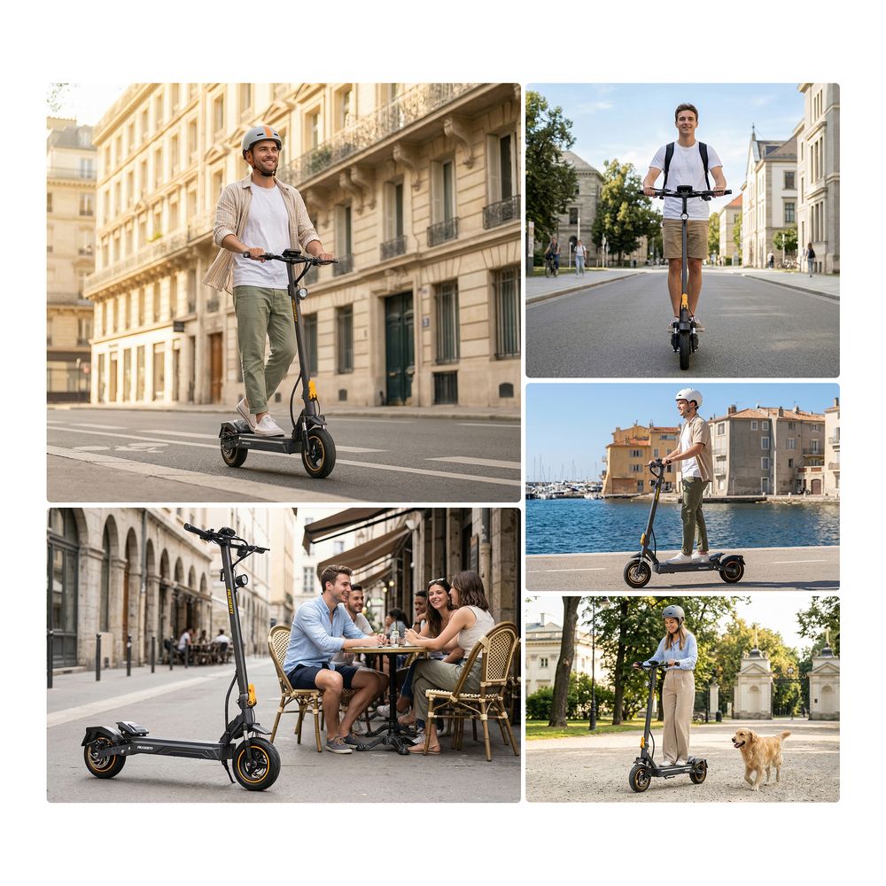 Ausom K20 egymotoros elektromos roller, 1100W csúcsteljesítményű motor, 70 km hatótáv, 45 km/h maximális sebesség, 48V 13.5Ah akkumulátor, 20%-os emelkedőn képes, dupla tárcsafék + E-ABS, 10
