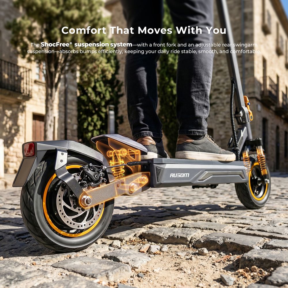 Ausom K20 egymotoros elektromos roller, 1100W csúcsteljesítményű motor, 70 km hatótáv, 45 km/h maximális sebesség, 48V 13.5Ah akkumulátor, 20%-os emelkedőn képes, dupla tárcsafék + E-ABS, 10