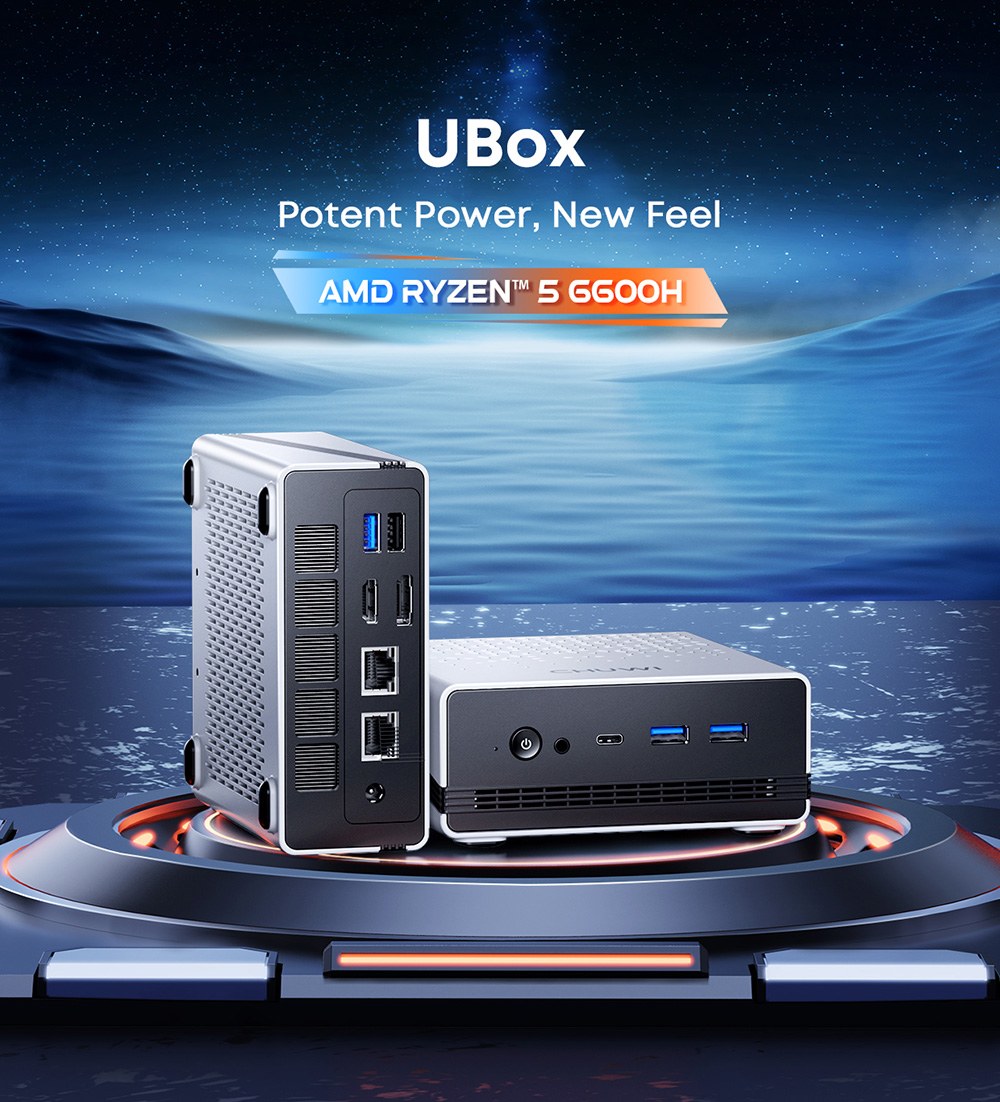Mini PC CHUWI UBox, processeur AMD Ryzen 5 6600H à 6 cœurs (4,5 GHz max.), 16 Go de RAM LPDDR5 à 6 400 MHz, SSD de 512 Go, triple affichage (DP : 4K à 144 Hz ; HDMI : 4K à 144 Hz ; USB-C : 4K à 240 Hz), Wi-Fi 6, Bluetooth 5.3, 3 ports USB 3.2, 1 port USB 2.0, 2 ports RJ45 1G, 1 prise audio
