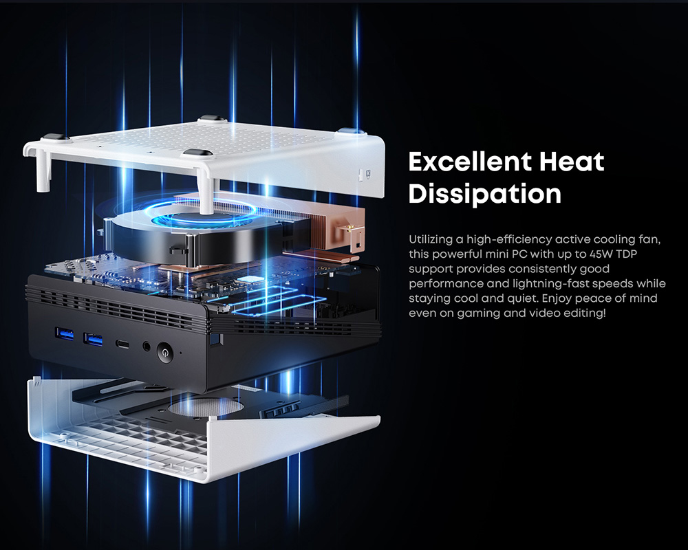 Mini PC CHUWI UBox, processeur AMD Ryzen 5 6600H à 6 cœurs (4,5 GHz max.), 16 Go de RAM LPDDR5 à 6 400 MHz, SSD de 512 Go, triple affichage (DP : 4K à 144 Hz ; HDMI : 4K à 144 Hz ; USB-C : 4K à 240 Hz), Wi-Fi 6, Bluetooth 5.3, 3 ports USB 3.2, 1 port USB 2.0, 2 ports RJ45 1G, 1 prise audio