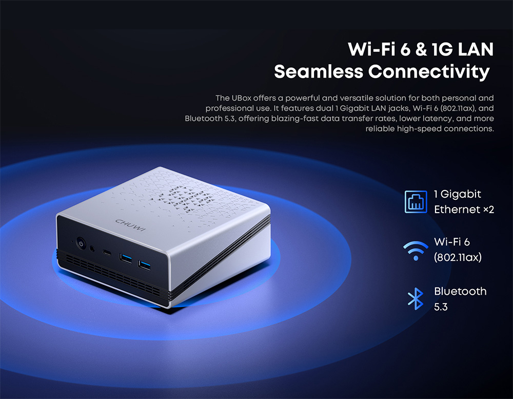 Mini PC CHUWI UBox, processeur AMD Ryzen 5 6600H à 6 cœurs (4,5 GHz max.), 16 Go de RAM LPDDR5 à 6 400 MHz, SSD de 512 Go, triple affichage (DP : 4K à 144 Hz ; HDMI : 4K à 144 Hz ; USB-C : 4K à 240 Hz), Wi-Fi 6, Bluetooth 5.3, 3 ports USB 3.2, 1 port USB 2.0, 2 ports RJ45 1G, 1 prise audio