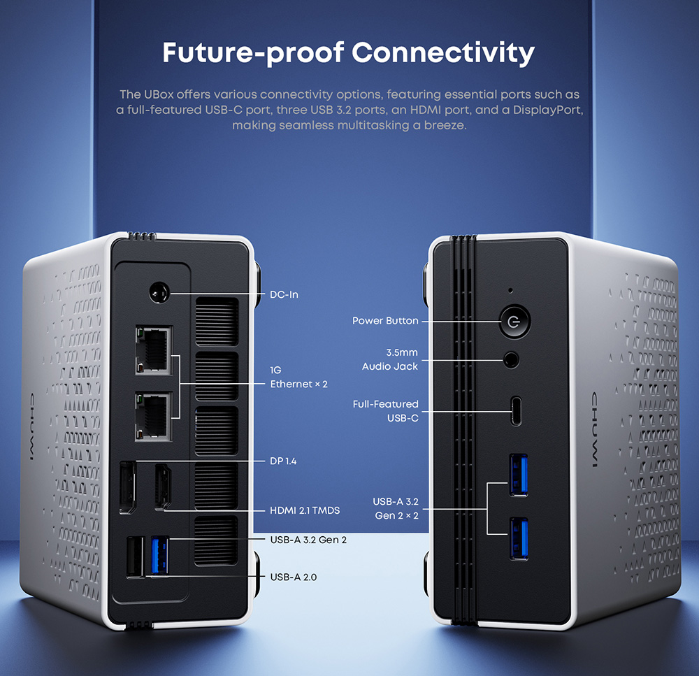 Mini PC CHUWI UBox, processeur AMD Ryzen 5 6600H à 6 cœurs (4,5 GHz max.), 16 Go de RAM LPDDR5 à 6 400 MHz, SSD de 512 Go, triple affichage (DP : 4K à 144 Hz ; HDMI : 4K à 144 Hz ; USB-C : 4K à 240 Hz), Wi-Fi 6, Bluetooth 5.3, 3 ports USB 3.2, 1 port USB 2.0, 2 ports RJ45 1G, 1 prise audio