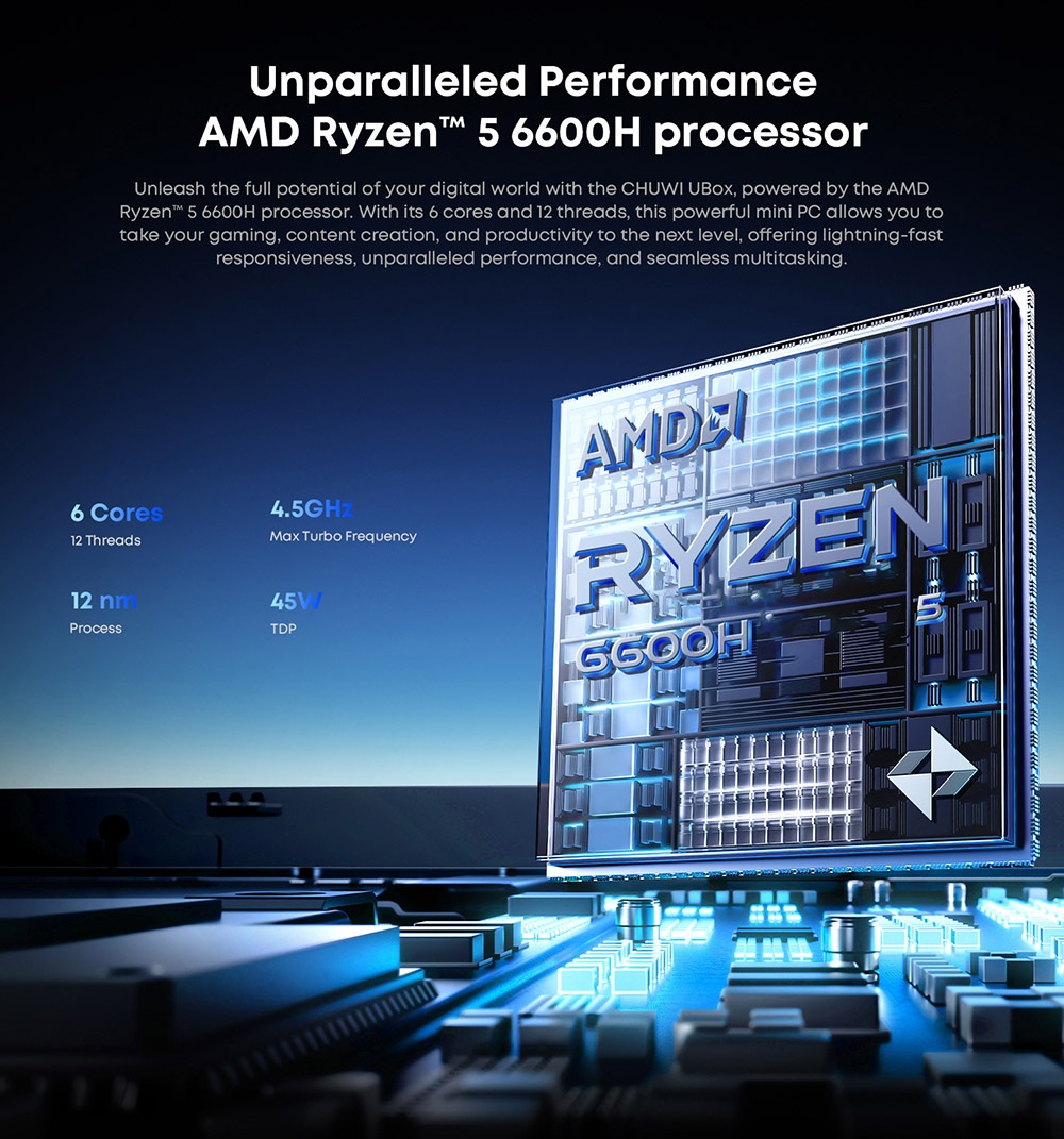 Mini PC CHUWI UBox, processeur AMD Ryzen 5 6600H à 6 cœurs (4,5 GHz max.), 16 Go de RAM LPDDR5 à 6 400 MHz, SSD de 512 Go, triple affichage (DP : 4K à 144 Hz ; HDMI : 4K à 144 Hz ; USB-C : 4K à 240 Hz), Wi-Fi 6, Bluetooth 5.3, 3 ports USB 3.2, 1 port USB 2.0, 2 ports RJ45 1G, 1 prise audio