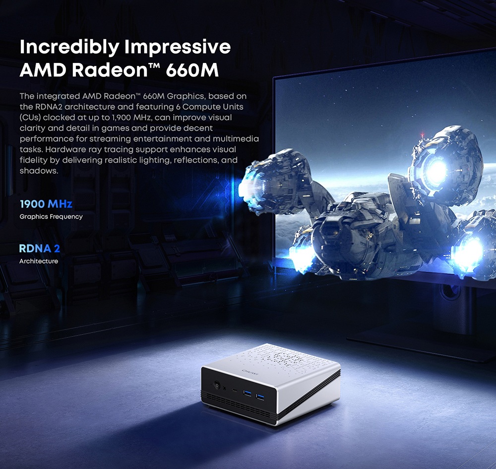 Mini PC CHUWI UBox, processeur AMD Ryzen 5 6600H à 6 cœurs (4,5 GHz max.), 16 Go de RAM LPDDR5 à 6 400 MHz, SSD de 512 Go, triple affichage (DP : 4K à 144 Hz ; HDMI : 4K à 144 Hz ; USB-C : 4K à 240 Hz), Wi-Fi 6, Bluetooth 5.3, 3 ports USB 3.2, 1 port USB 2.0, 2 ports RJ45 1G, 1 prise audio
