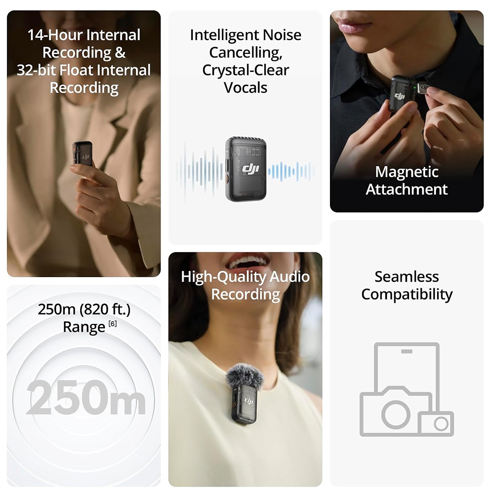 Refurbished DJI Mic 2 Wireless Lavalier Microphone (1TX+1RX), 32-bit Float Recording, 250m Stable Transmission, Intelligent Noise Cancellation, 8GB Internal Storage, Pro Audio for Camera & Smartphone
