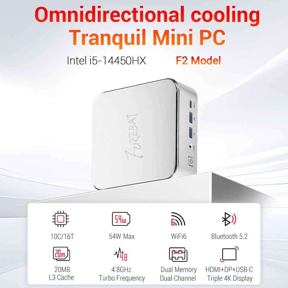 FIREBAT F2 Mini PC, Intel Core i5-14450HX 10 Cores Up to 4.8GHz, 16GB DDR4 RAM 512GB SSD, Intel UHD Graphics, HDMI + DP + Full-Function Type-C 4K Triple Display, Gigabit RJ45 WiFi 6 Bluetooth 5.2