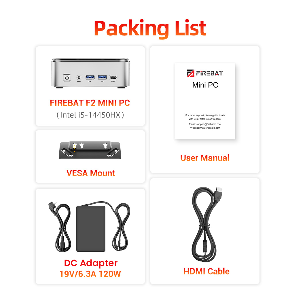 FIREBAT F2 Mini PC, Intel Core i5-14450HX 10 Cores Up to 4.8GHz, 16GB DDR4 RAM 512GB SSD, Intel UHD Graphics, HDMI + DP + Full-Function Type-C 4K Triple Display, Gigabit RJ45 WiFi 6 Bluetooth 5.2