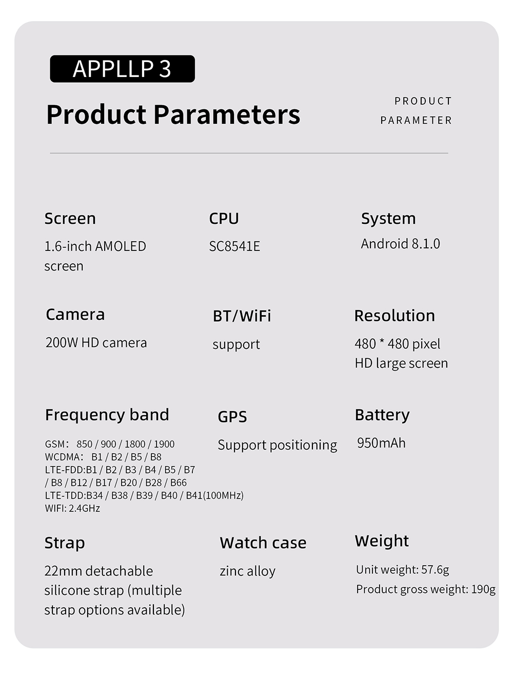 LOKMAT APPLLP 3 okosóra, 1,6 hüvelykes AMOLED HD kijelző, SIM kártya támogatás, 3 GB + 32 GB memória, GPS és WiFi kapcsolat, Android okosóra, egészségfigyelés és fitneszkövető - ezüst